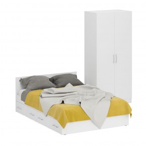 Кровать с ящиками 1400 + Шкаф 2-х створчатый Стандарт, цвет белый, ШхГхВ 143,5х203,5х70 + 90х52х200 см., сп.м. 1400х2000 мм., б/м, основание есть в Челябинске - mebel-74.com | фото